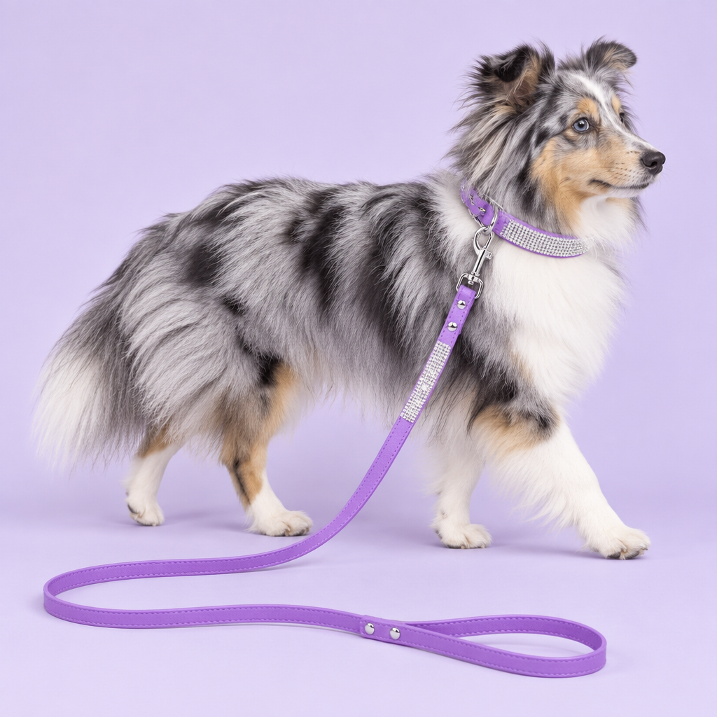 Blue-merle Sheltie wearing the purple collar and leash