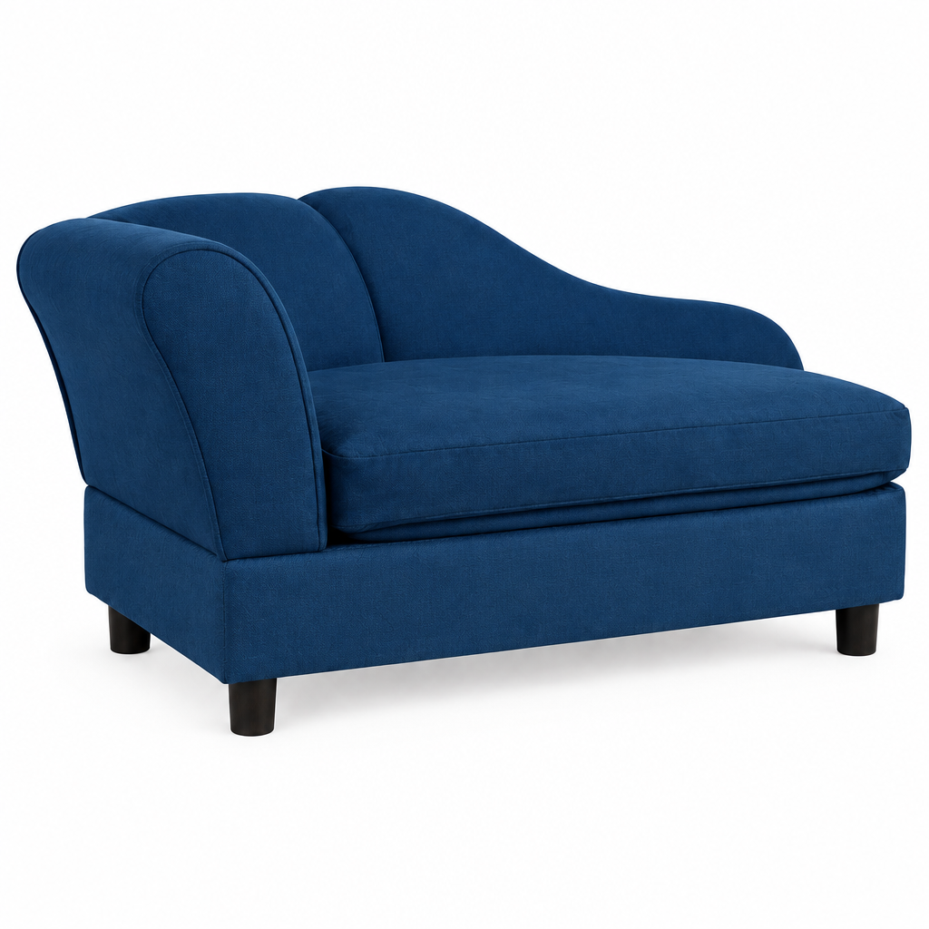 Blue pet couch matching the black couch orientation