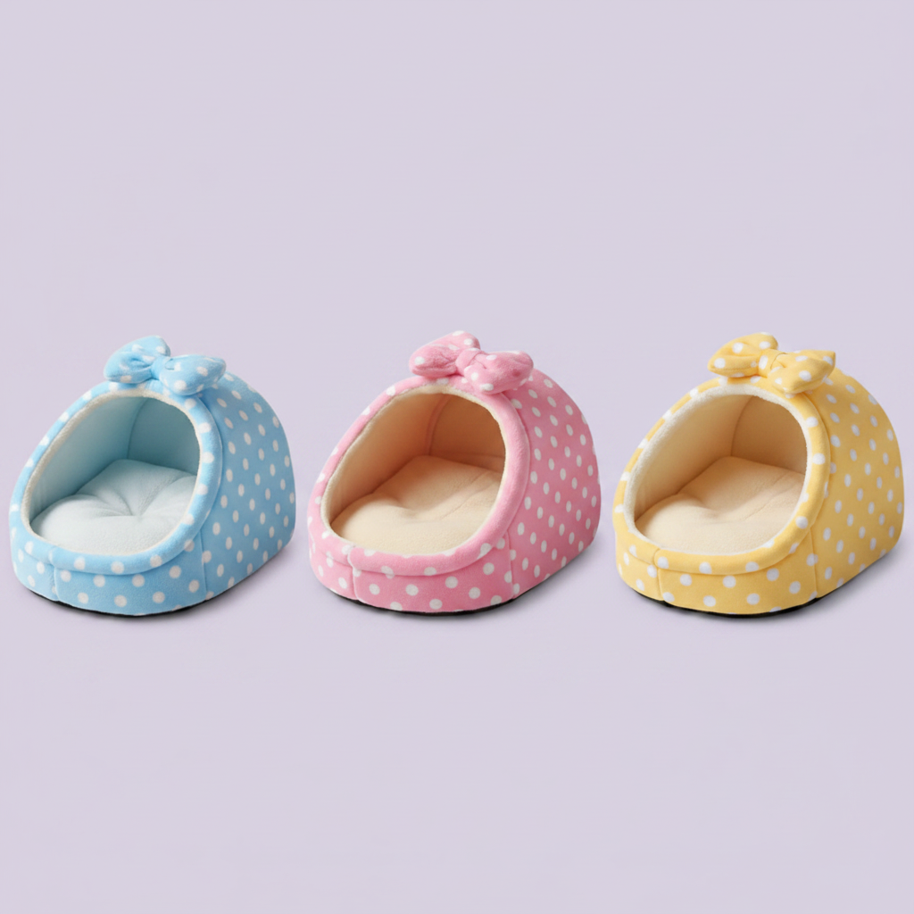 Three polka dot plush igloo cat cave beds with matching bow details and cream fleece interiors shown side by side in light blue, pink, and yellow colorways, lavender background