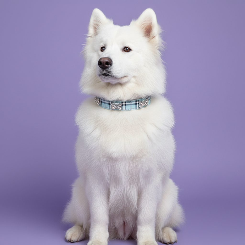 White Samoyed sitting wearing a blue plaid rhinestone dog collar with silver bone charm accents