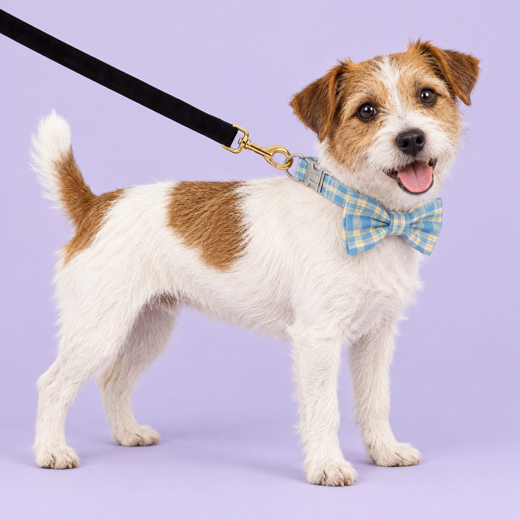 Blue plaid bow collar and black leash