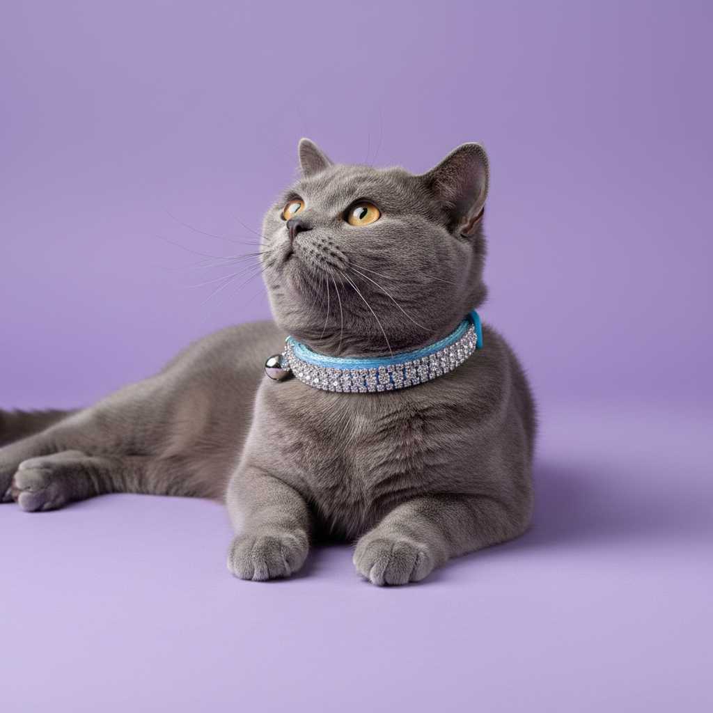 Yellow-eyed grey British Shorthair lounging and gazing up wearing a blue rhinestone grid cat collar with silver bell
