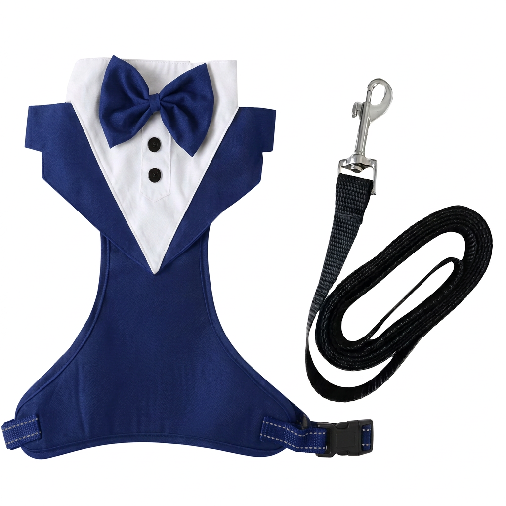 Blue tuxedo harness with black leash