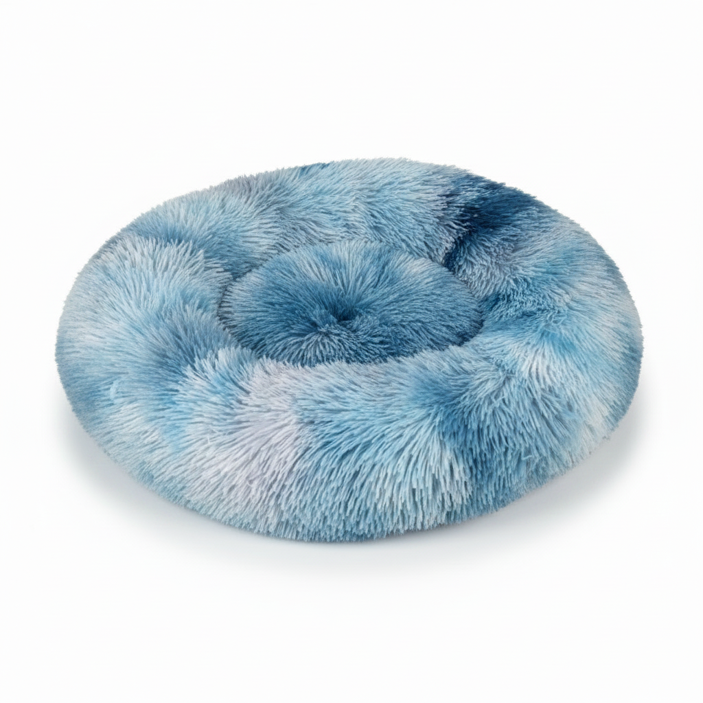 Round blue and white tie-dye shaggy faux fur donut calming pet bed three-quarter view on white background