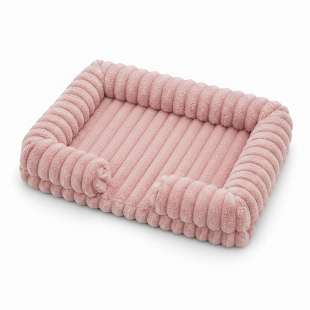 Blush pink ribbed corduroy rectangular pet sofa bed with raised bolster sides, shown at a 3/4 angle on a white background