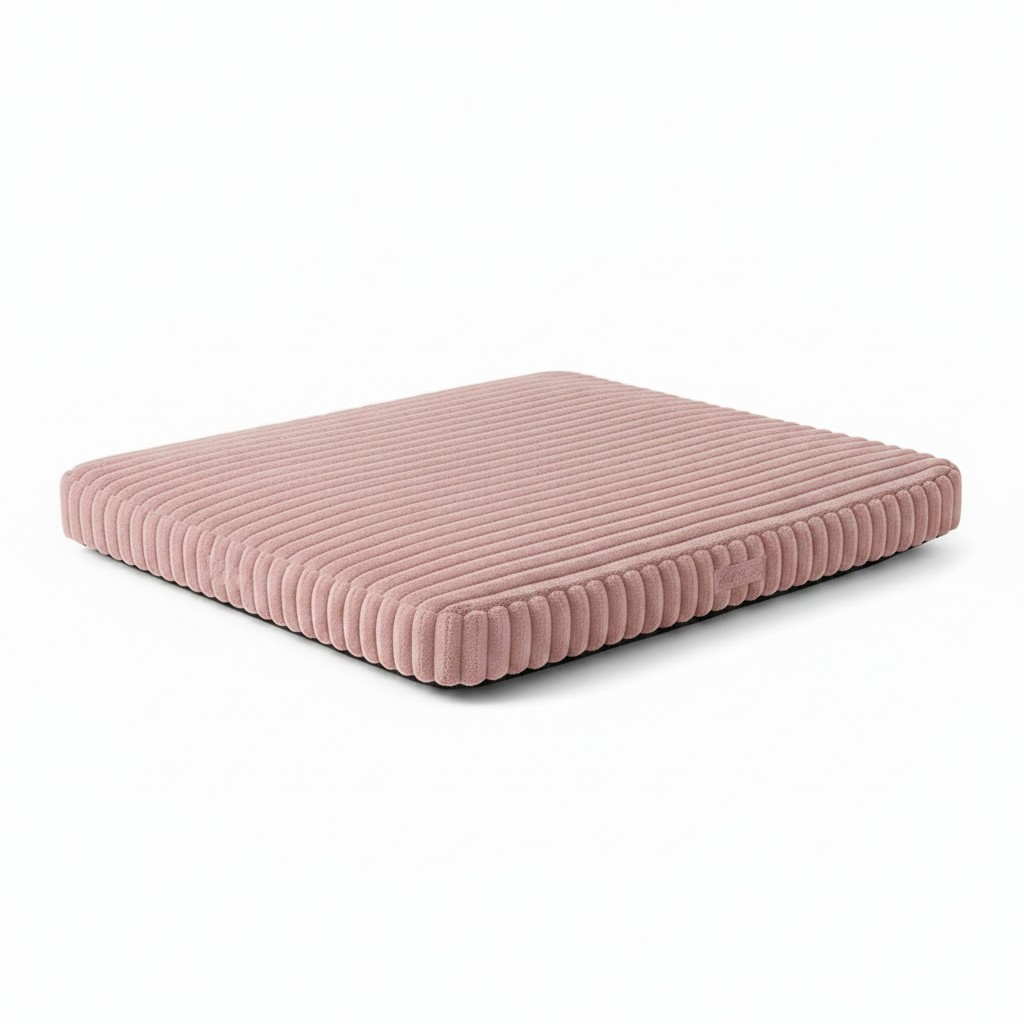 Blush pink chunky corduroy rectangular pet mat with ribbed texture and rounded corners, photographed on a white background.
