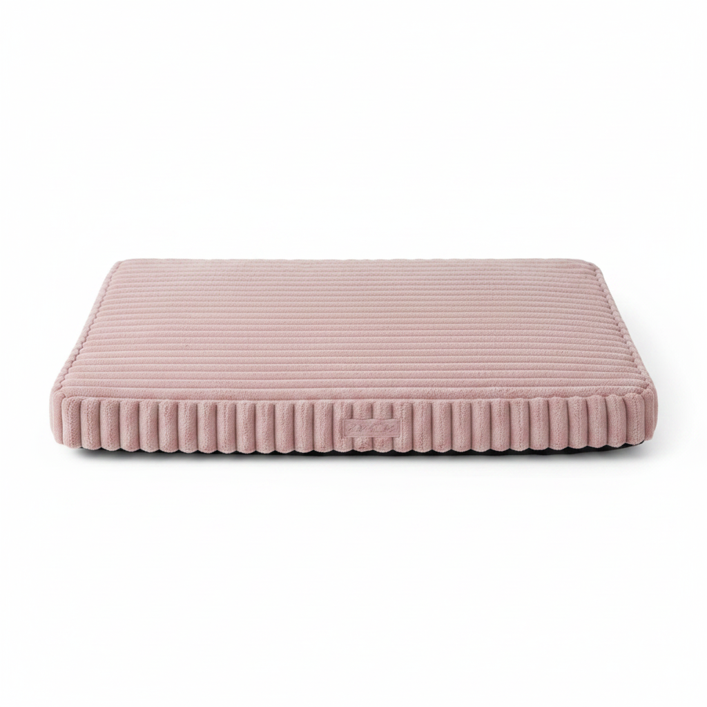 Blush pink chunky corduroy rectangular pet mat with ribbed texture and rounded corners, photographed on a white background.