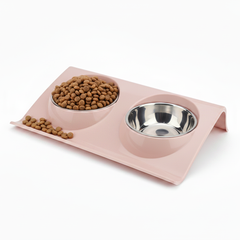 Blush pink double pet bowl feeder with dry kibble food bowl and empty stainless steel water bowl on elevated spill-proof tray for cats and dogs