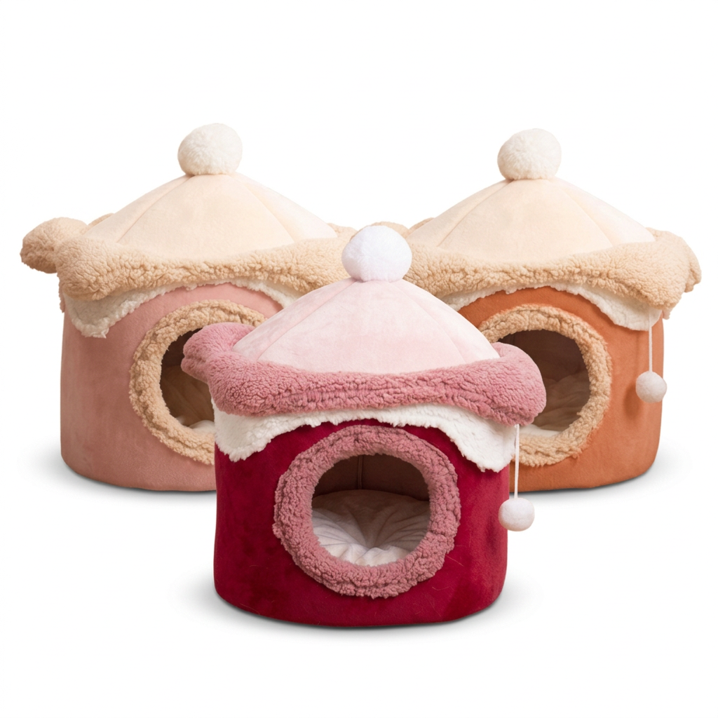 Blush pink, raspberry red, and terracotta pet houses together on a clean white background