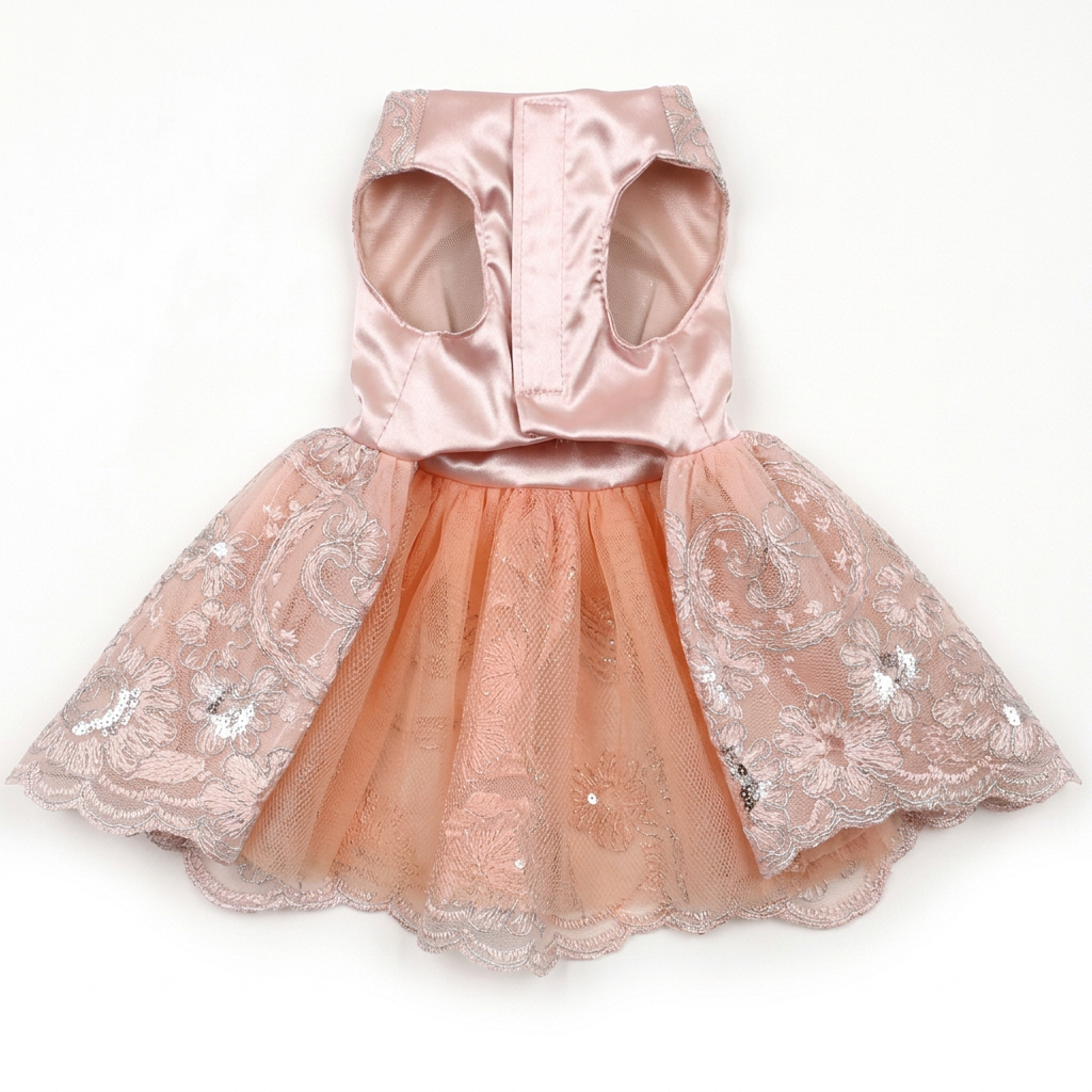 Blush-pink satin and peach-pink embroidered pet dress on white