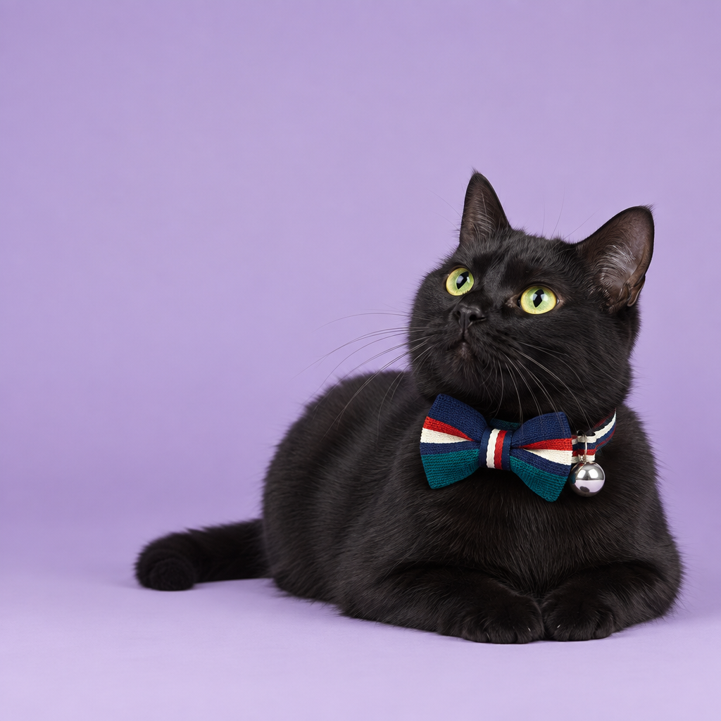 Bombay cat wearing the teal and navy bow-tie collar