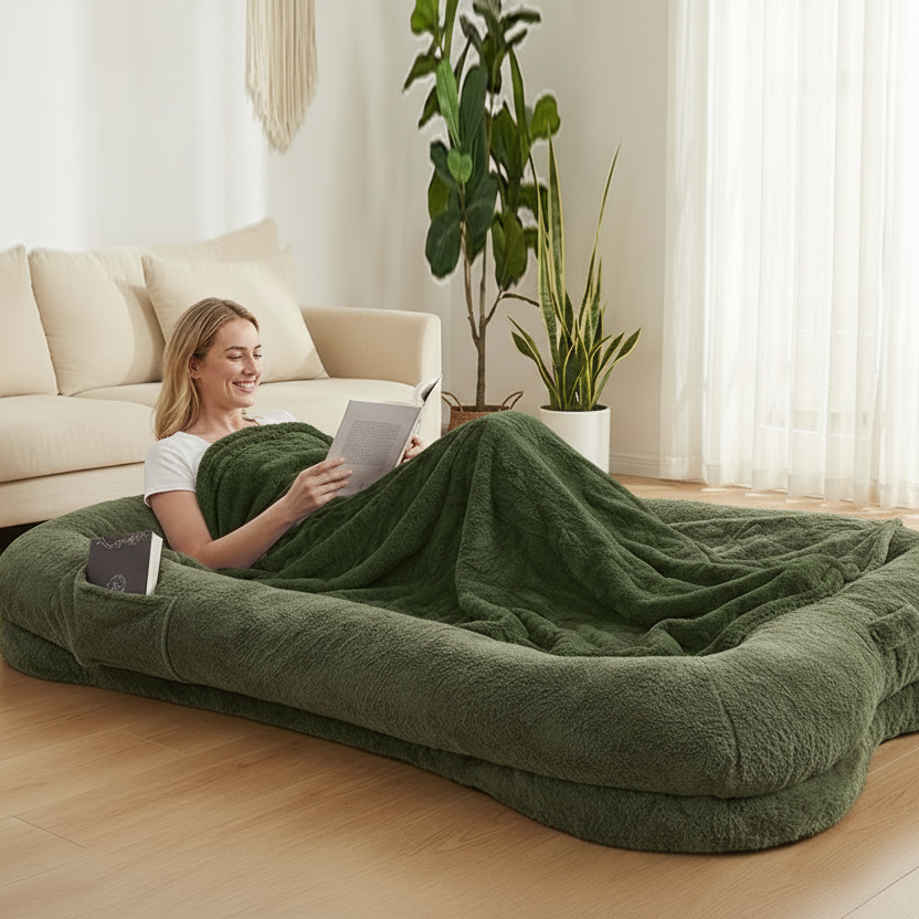 Woman reading a book under a faux fur blanket on an oversized olive green plush human-sized dog bed with bone-shaped bolster sides and side pocket in a bright modern living room