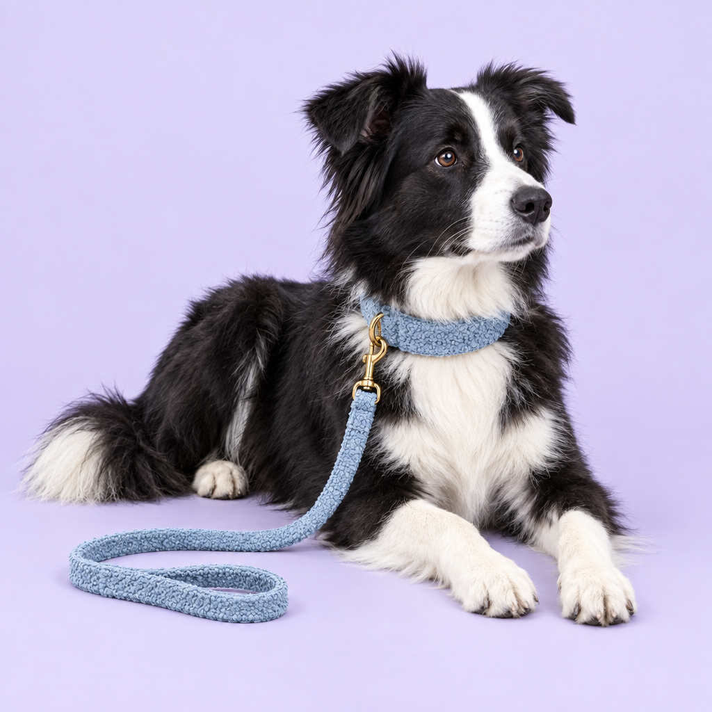 Border Collie in blue teddy-fleece set