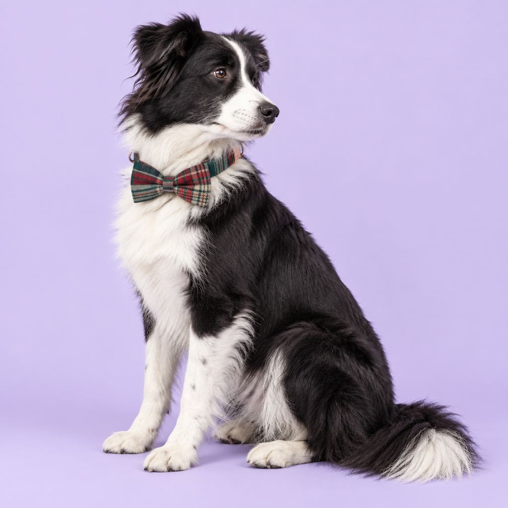 Border collie in the plaid bow collar