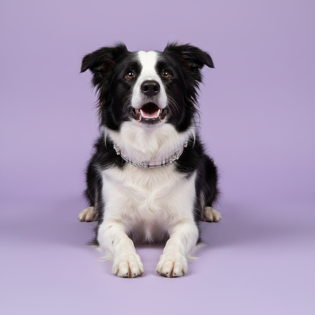 Border Collie lounging with paws extended and facing forward wearing a grey plaid rhinestone dog collar