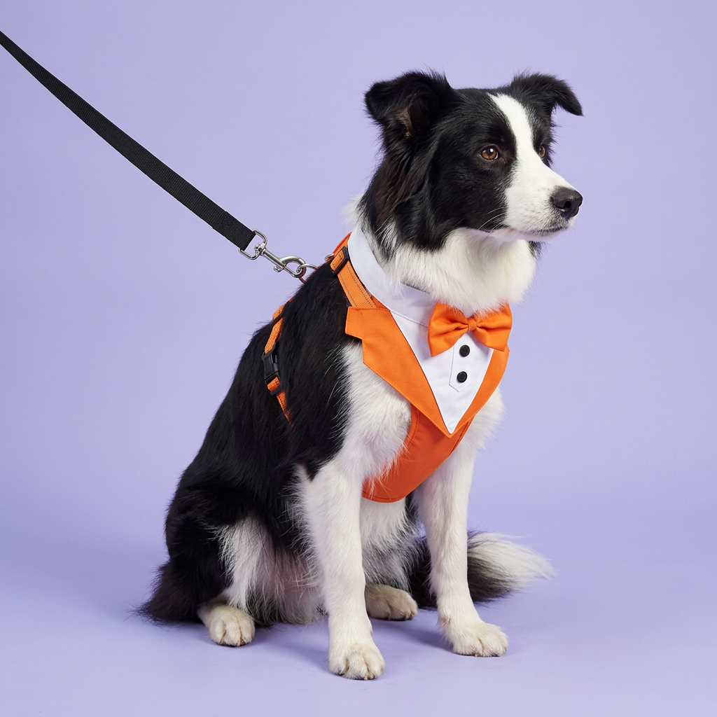 Border collie seated in the orange tuxedo harness