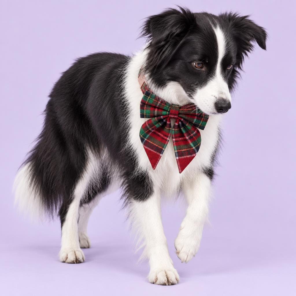 Border collie stepping with red long-tail tartan bow