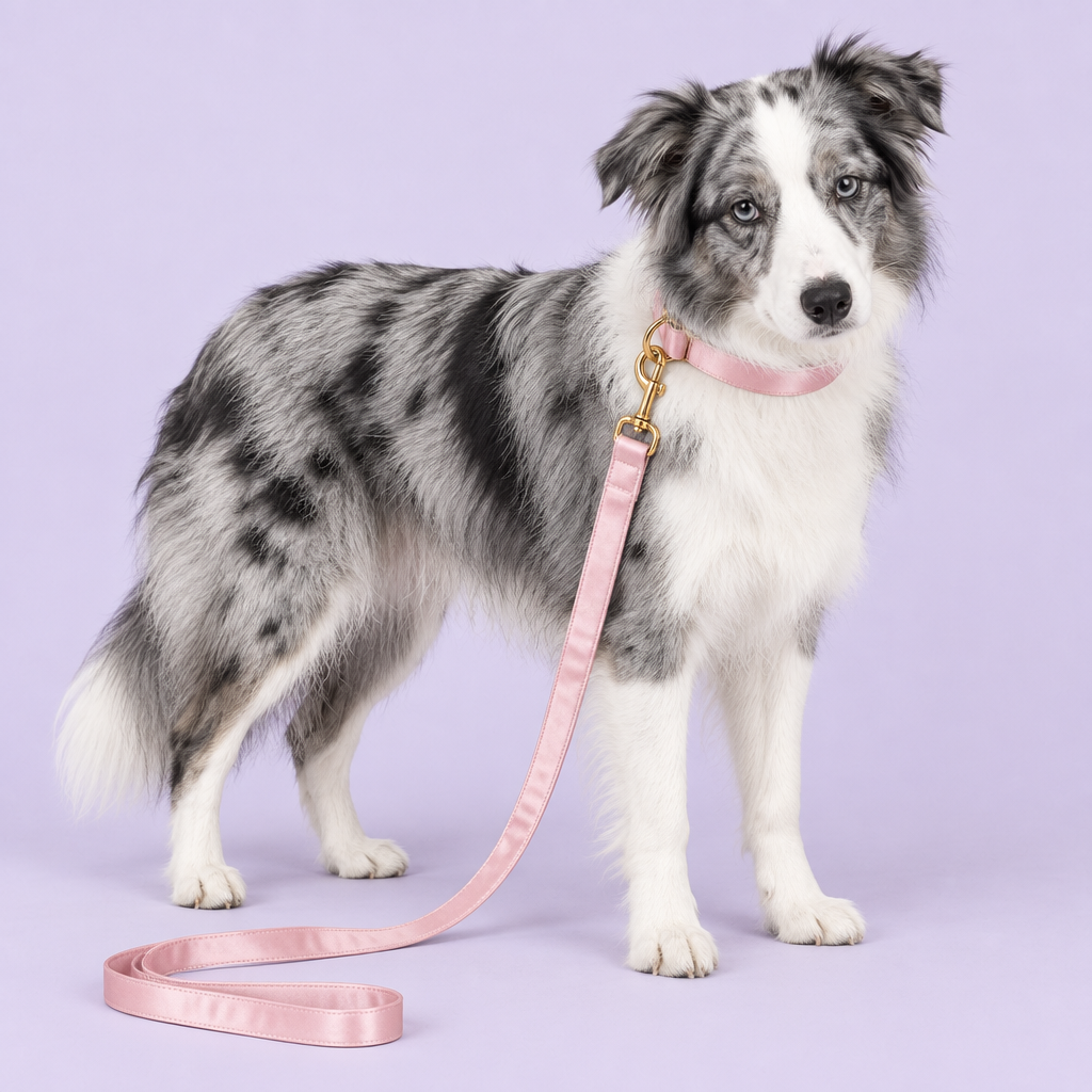 Border Collie with blush-pink silky collar and leash