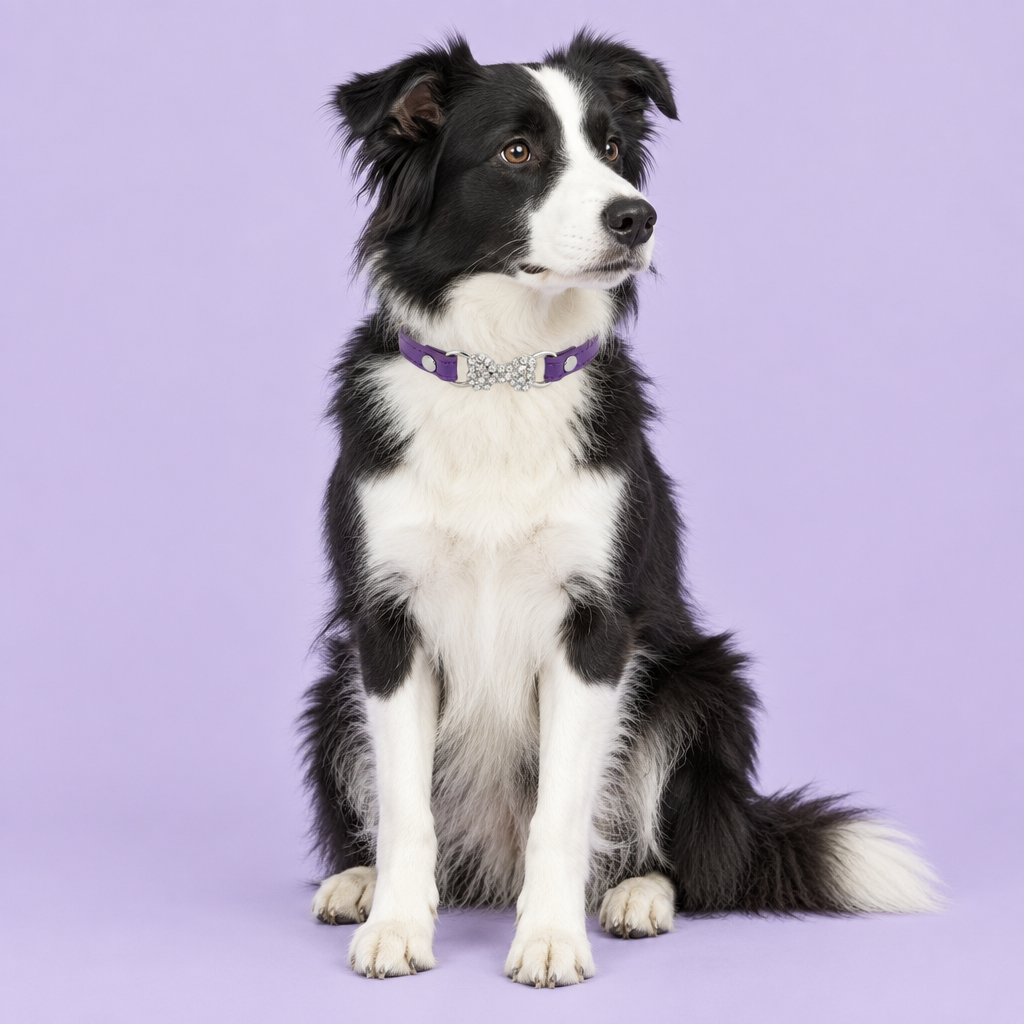 Border collie with purple collar