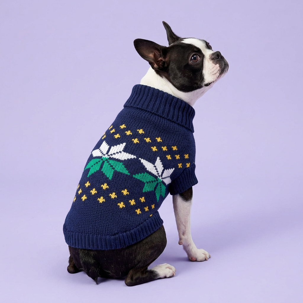 Boston terrier from an elevated angle in the navy sweater