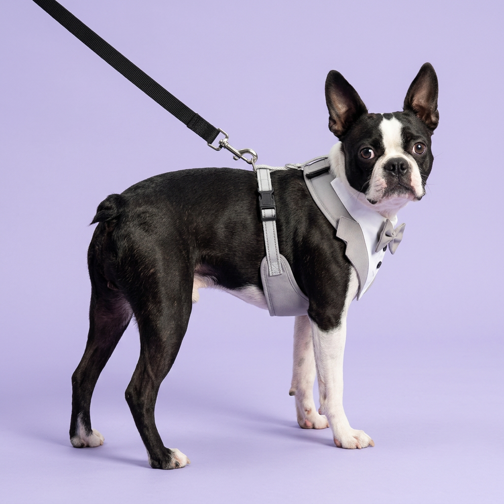 Boston terrier looking back to show the harness straps