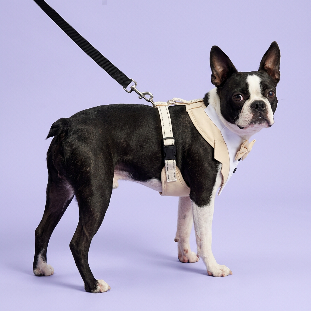 Boston terrier looking back to show the leash attachment