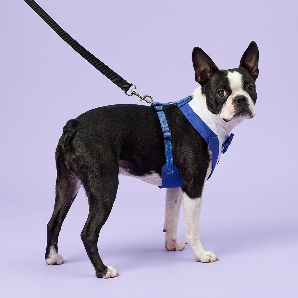 Boston terrier looking back to show the leash attachment