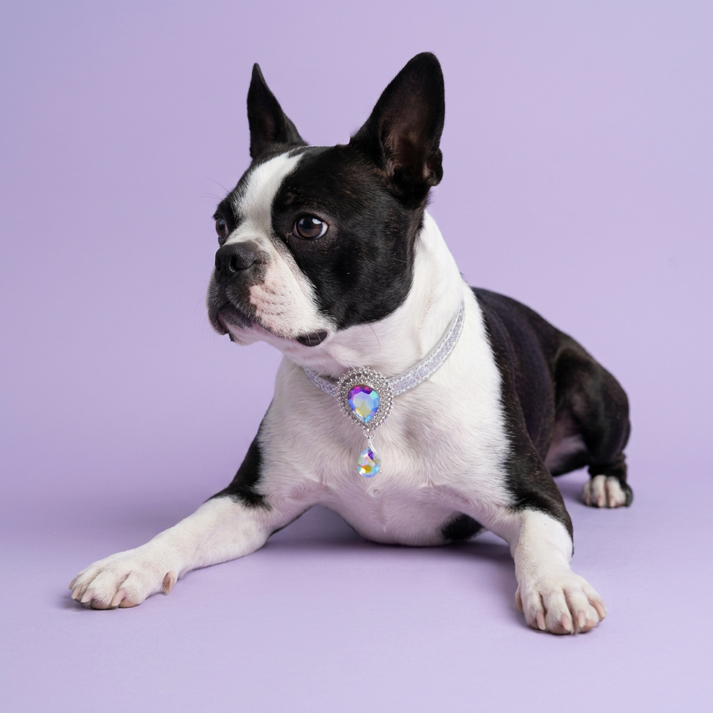 Boston terrier resting with an off-camera glance