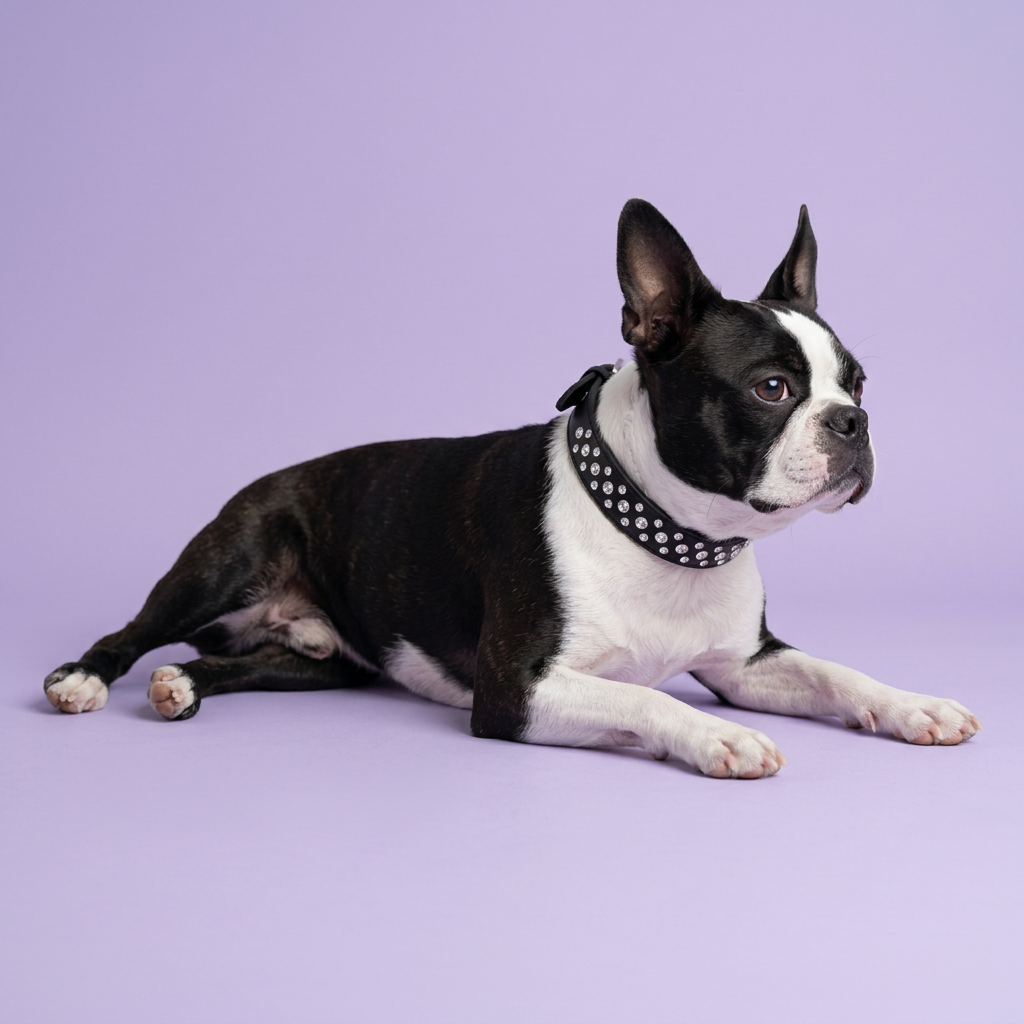 Boston terrier resting with an off-camera glance