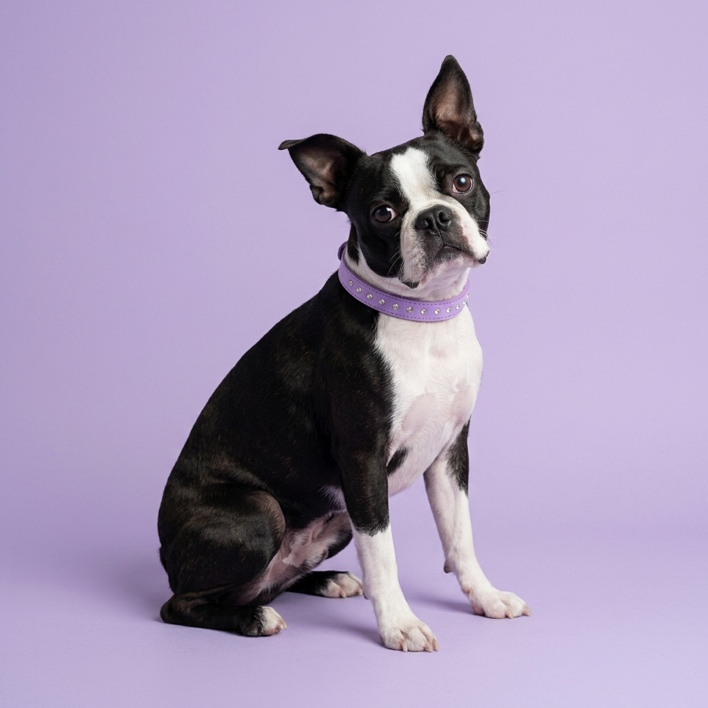 Boston terrier seated side-on and looking back