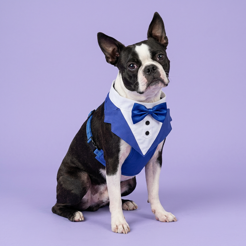 Boston terrier seated with a gentle head tilt