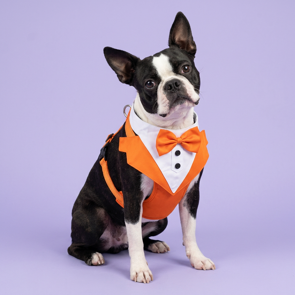 Boston terrier seated with a gentle head tilt