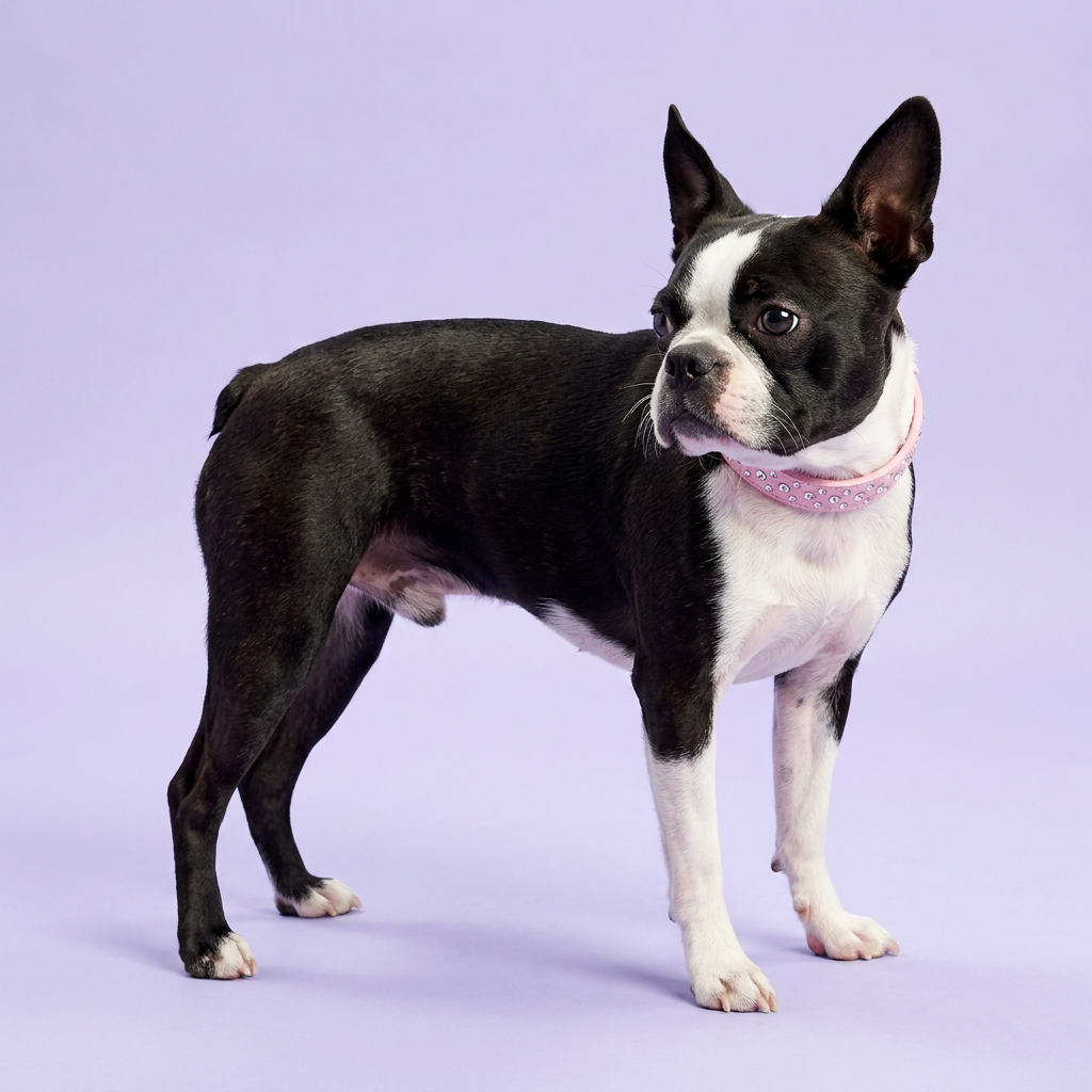 Boston Terrier standing and glancing back over its shoulder, wearing the pink rhinestone leather collar