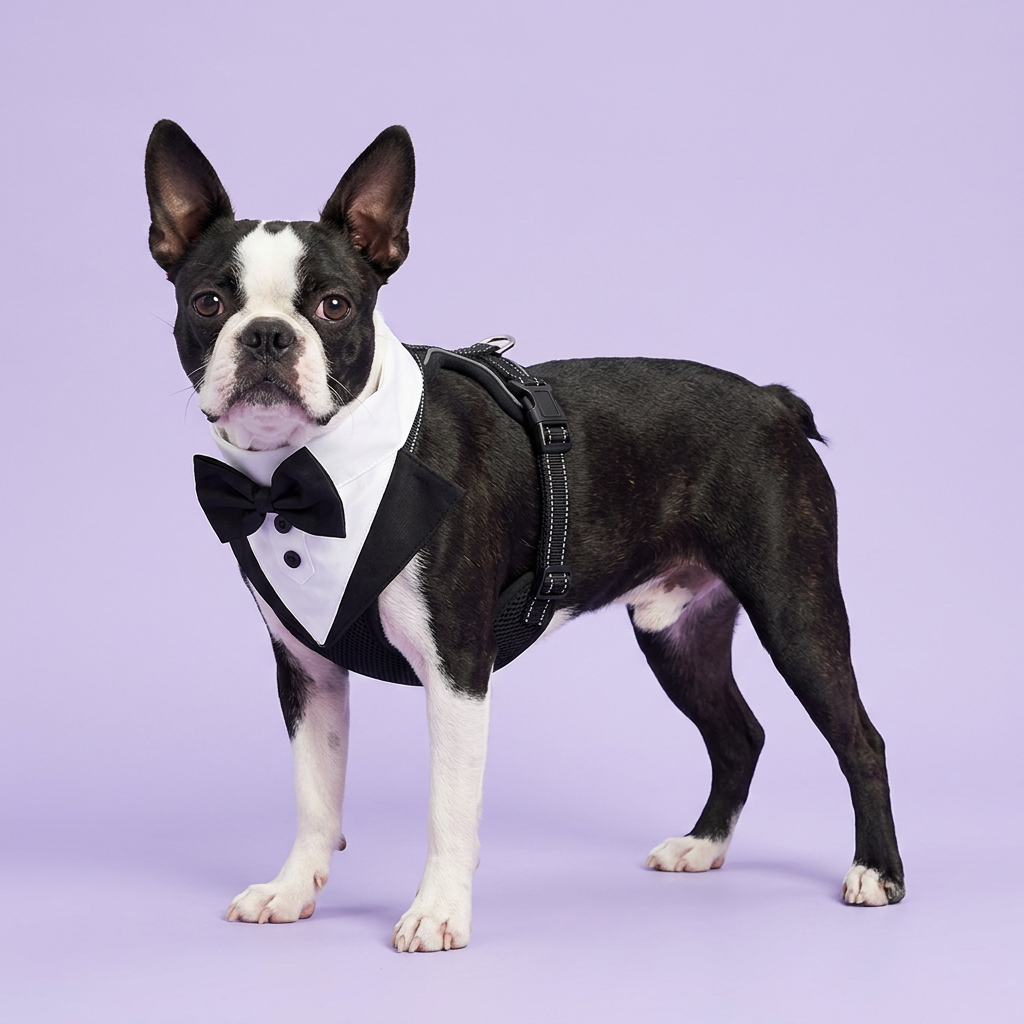 Boston terrier standing in the tuxedo harness
