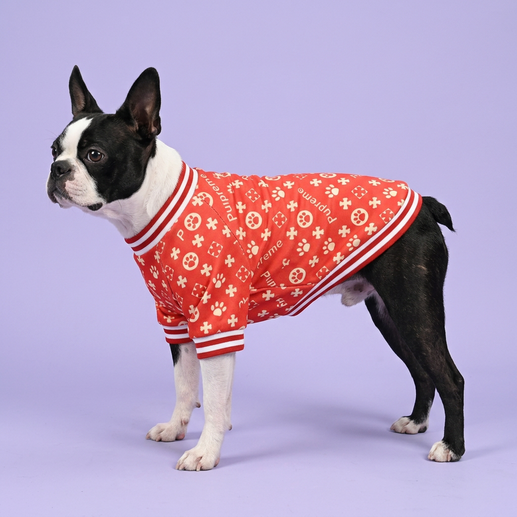 Boston terrier standing side-on in the red top