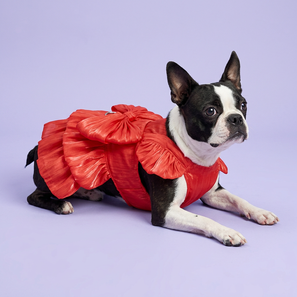 Boston terrier wearing the red bow dress