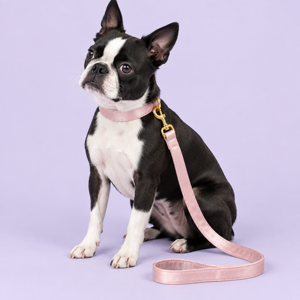 Boston Terrier with blush-pink silky collar and leash