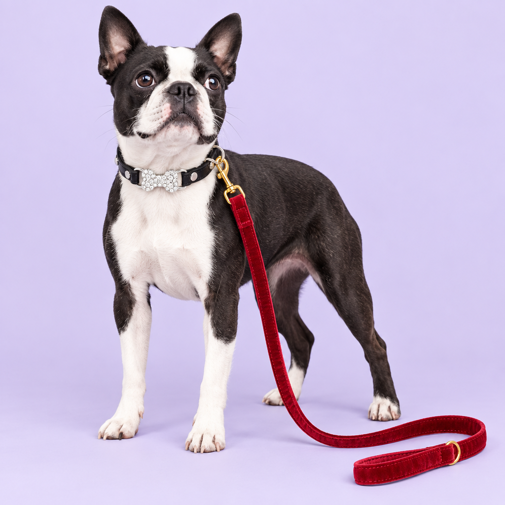Boston terrier with silver bow collar and red velvet leash