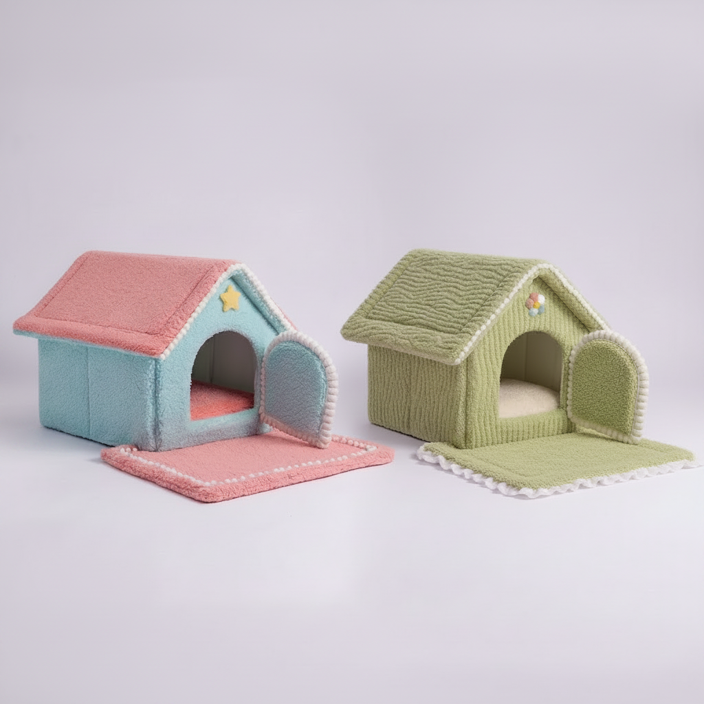 Light blue and pink plush house-shaped pet bed with yellow star accent and pink floor mat alongside a sage green textured ribbed plush house-shaped pet bed with multicolor flower accent and beige floor mat, both shown with detachable side door panels open, on a soft lavender background