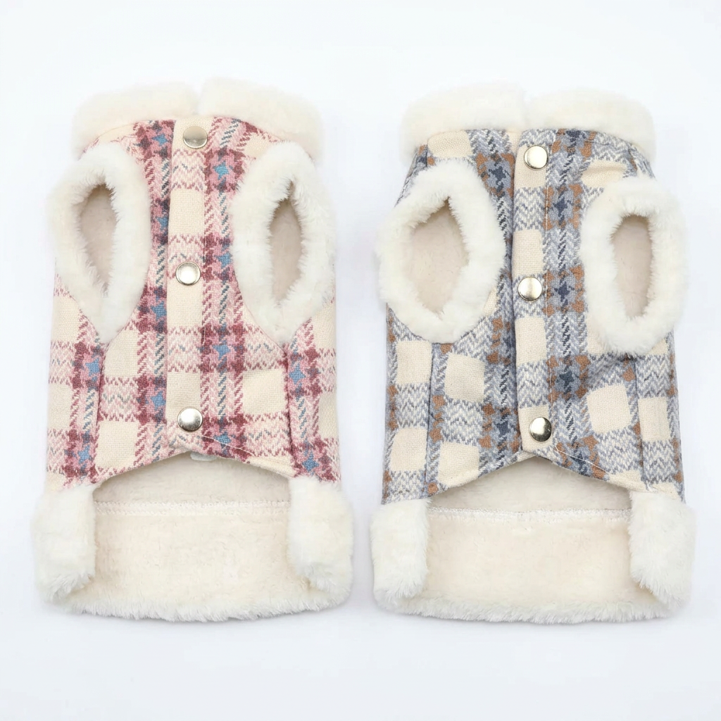 Both plaid pet vests showing button-side construction on white