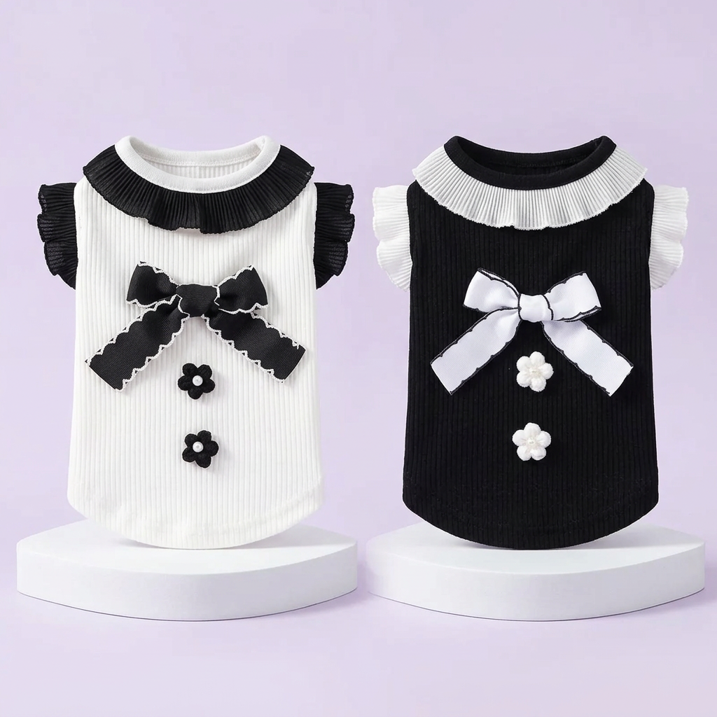 Both shirts displayed together on white tiers against soft lavender