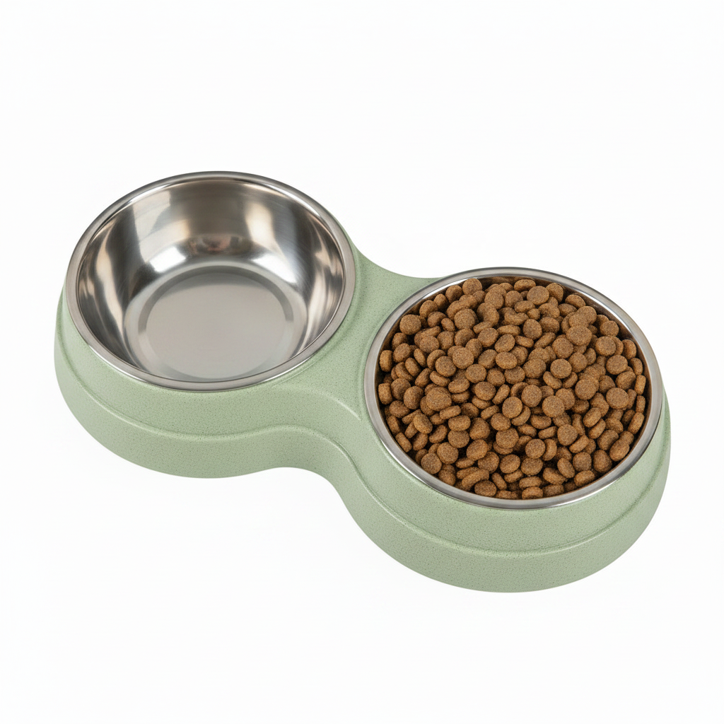 Double stainless steel pet bowl set in a sage green plastic base, one bowl empty and one filled with dry kibble, white background
