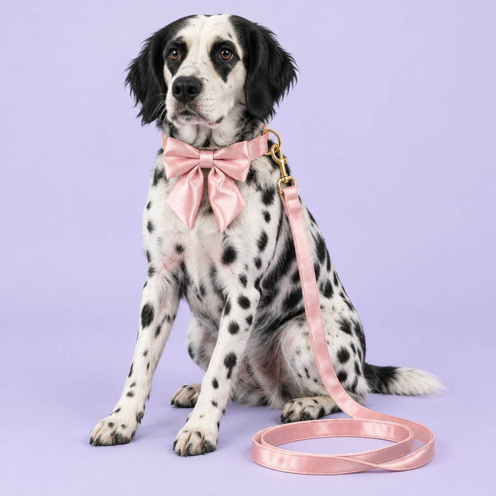 Boxer with short-tail silky pink bow collar and leash