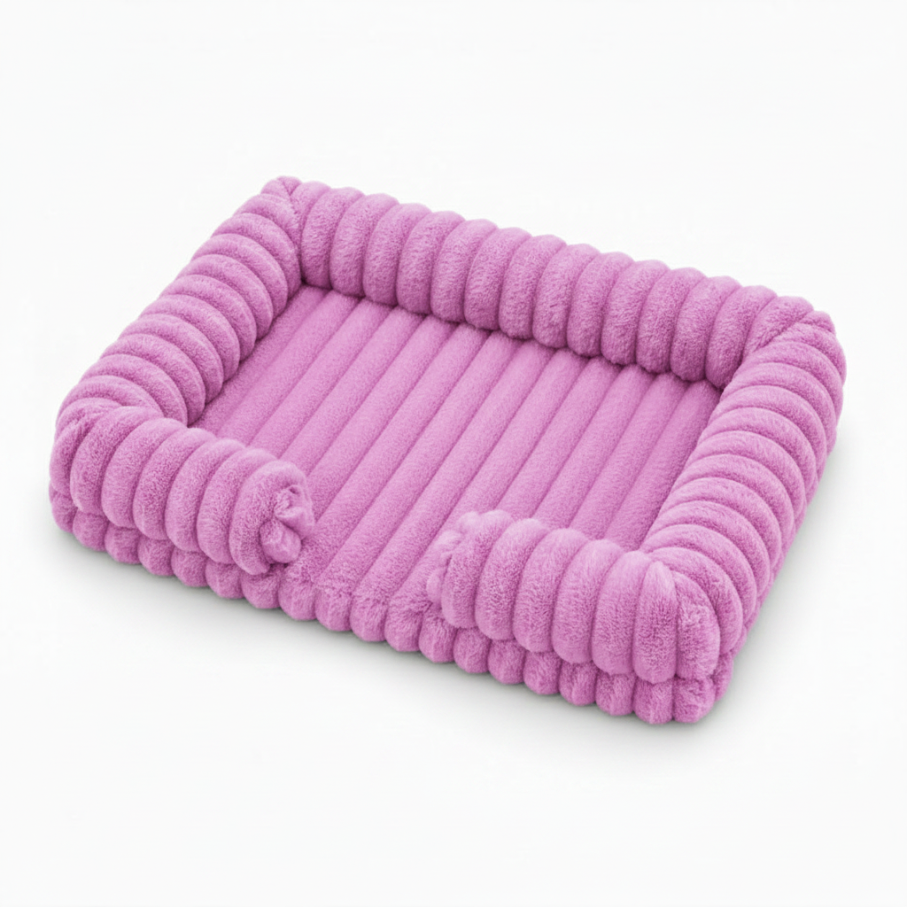 Lavender chunky corduroy pet bed on a cream floor in a minimal, light-filled room with a white sphere ornament in the background.