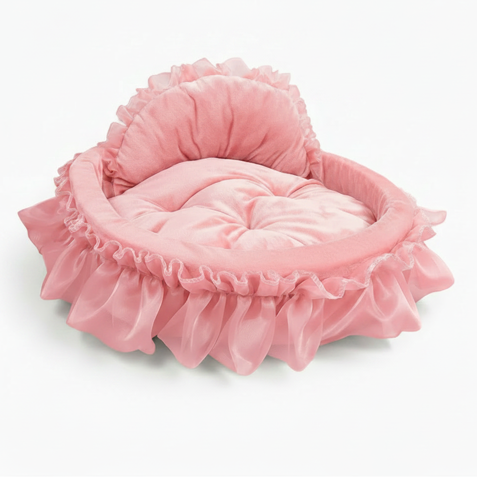 Blush pink velvet heart-shaped ruffle pet bed with layered chiffon ruffle trim and tufted cushion interior, white background