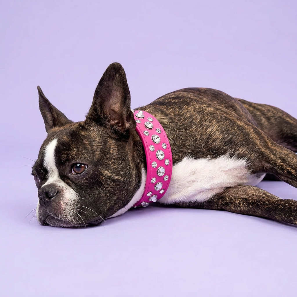 Brindle Boston Terrier lying relaxed on its side, wearing the hot pink rhinestone collar
