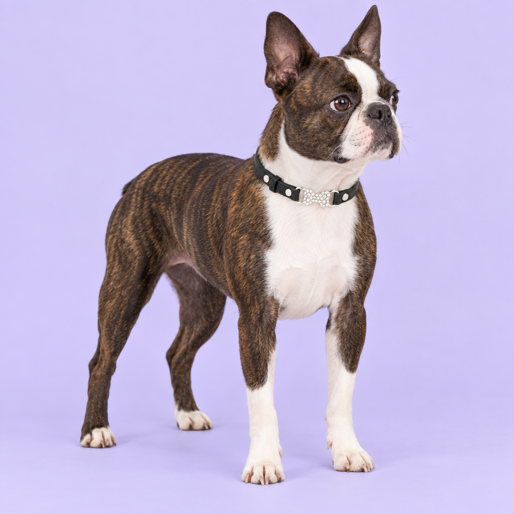 Brindle Boston terrier with black collar