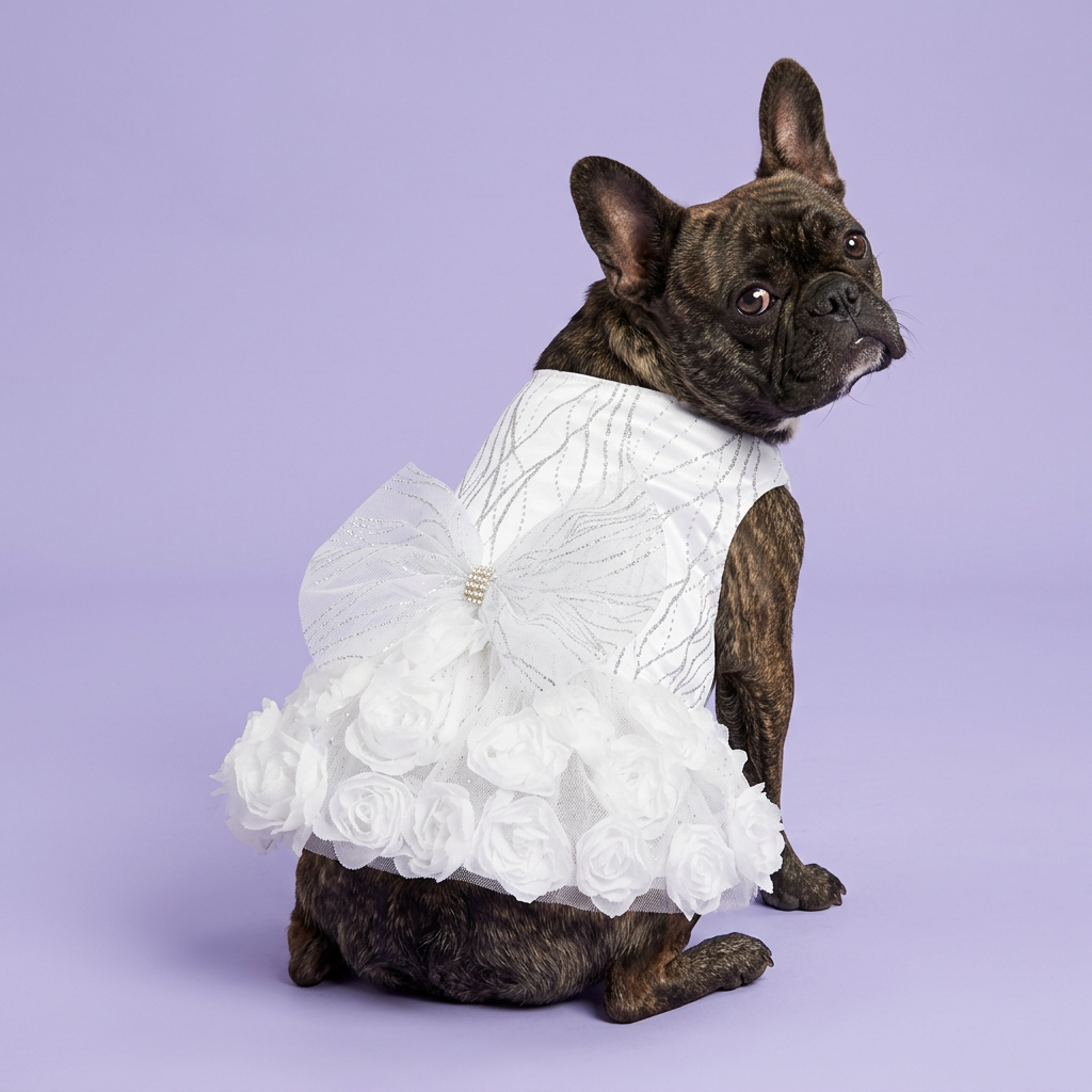 Brindle French bulldog looking over its shoulder in the white rosette dress