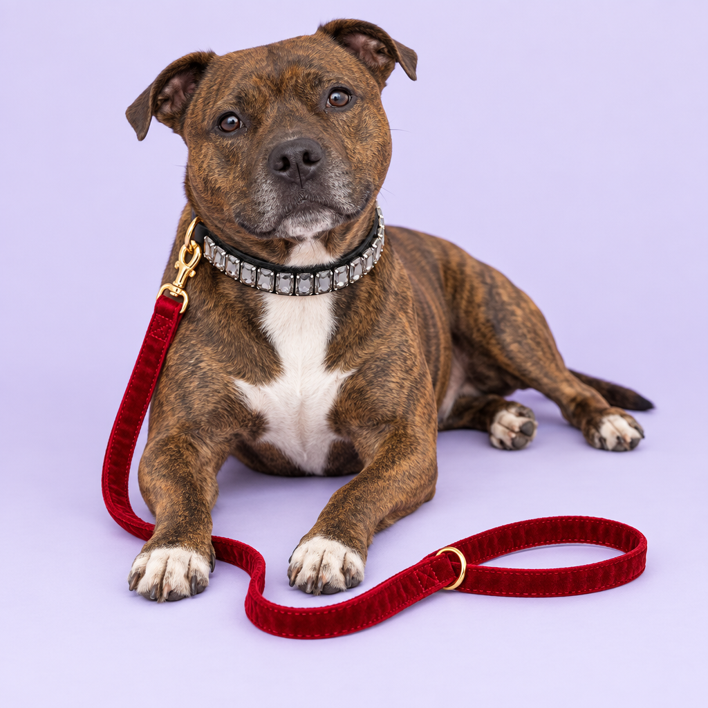 Brindle Staffordshire bull terrier with grey crystal collar and red velvet leash