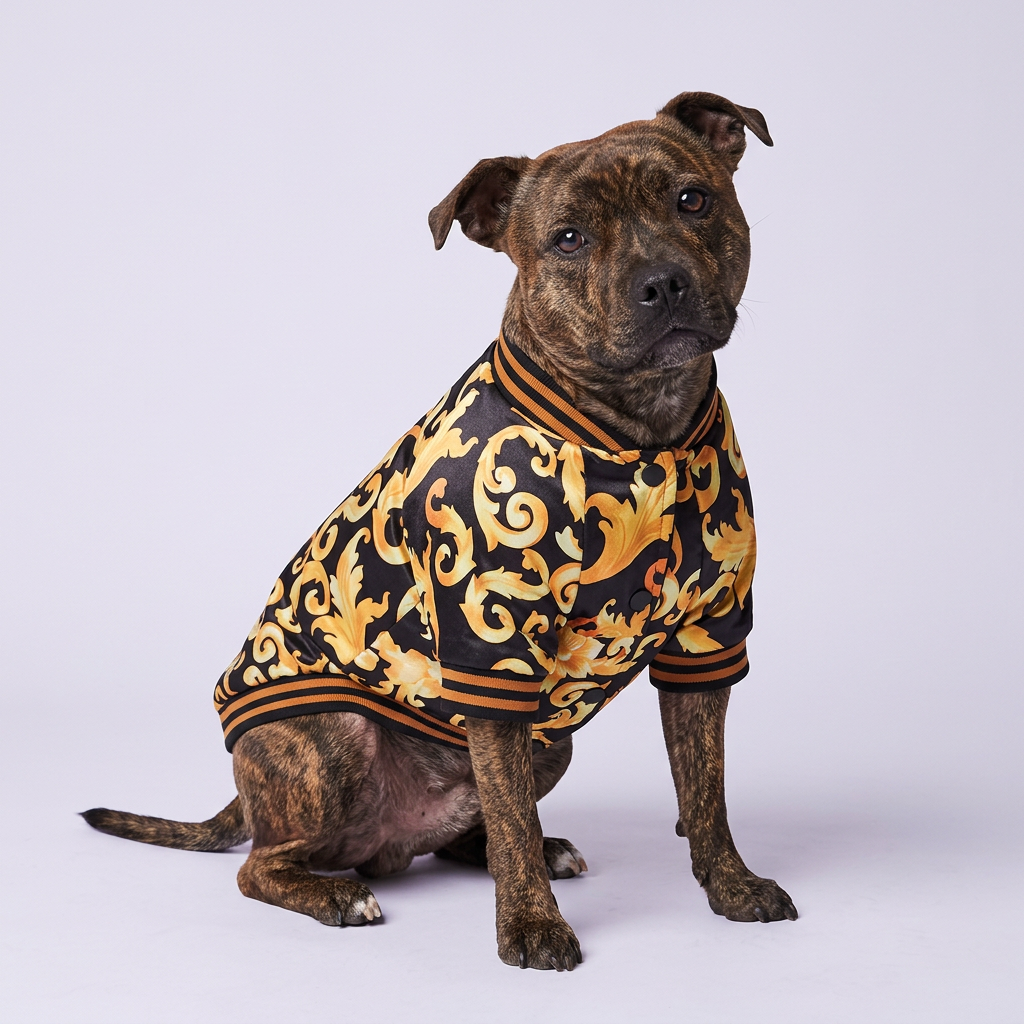 Brindle Staffordshire terrier seated with a gentle head tilt
